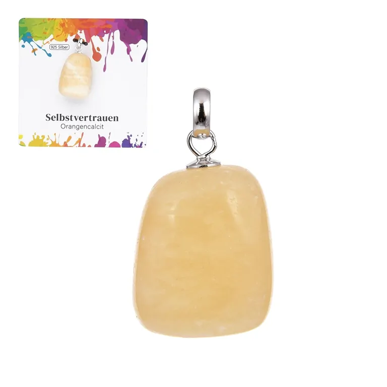 Anhänger Calcit orange Trommelstein klein rhodiniert mit warmer Farbstruktur